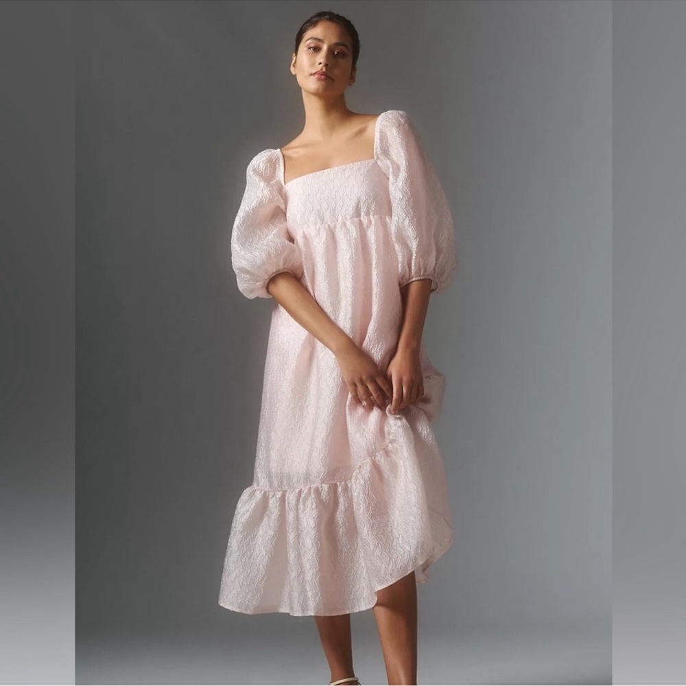 New By Anthropologie‎ Textured Pink Puff-Sleeve Dress SP Small petite